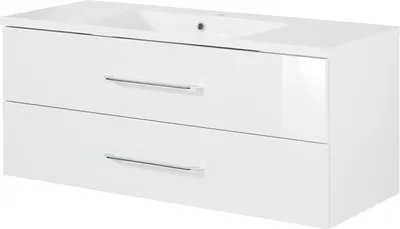 Produktbild von FACKELMANN Waschtischunterschrank inkl. Gussbecken B.CLEVER / Soft-Close-System / Maße (B x H x T): ca. 120 x 48,5 x 46 cm / Möbel fürs WC oder Badezimmer / Schrank: Weiß / Becken: Weiß
