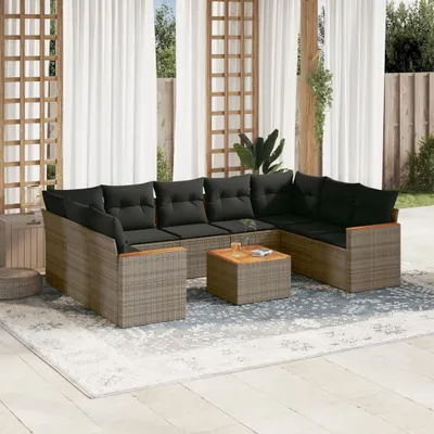 Produktbild von Design 10-tlg. Garten-Sofagarnitur mit Kissen Grau Poly Rattan, Gartenmöbel-Sets 2024 Neu