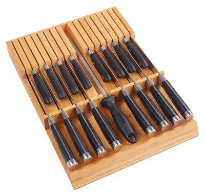Immagine prodotto di Portamestieri da cassetto, organizer per coltelli da cucina in bambù, per 16 coltelli e 1 affilacoltelli, dimensioni 42,2 x 31 x 4,5 cm