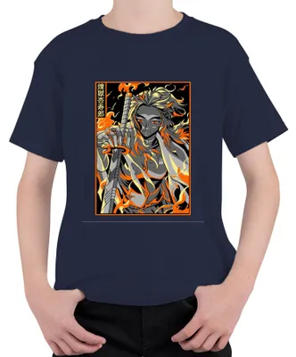 Zdjęcie produktu dla Demon Slayer Rengoku Flame Sword Anime Gift Vintage Uni Koszulka dziecięca, Granatowy, 104