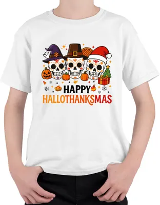 Obrázok produktu pre Happy Hallothanksmas Skulls Dia de los Muertos Halloween Uni detské tričko, biele, 104