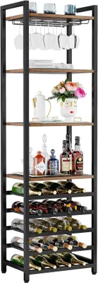 Image de Étagère à vin pour 20 bouteilles, modèle "boulangerie", étagère à vin autoportante, 9 niveaux, étagère à vin industrielle autoportante, bar à vin avec porte-verres, étagère à bouteilles pour bar, cuisine, salle à manger, couleur marron rustique