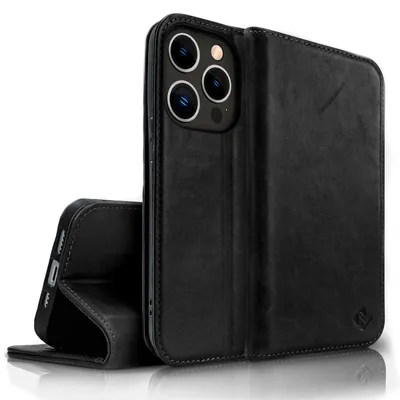 Produktbild von Echt Leder Hülle für iPhone 14 Pro, RFID Schutz Flipcase Klapphülle Schutzhülle Schwarz