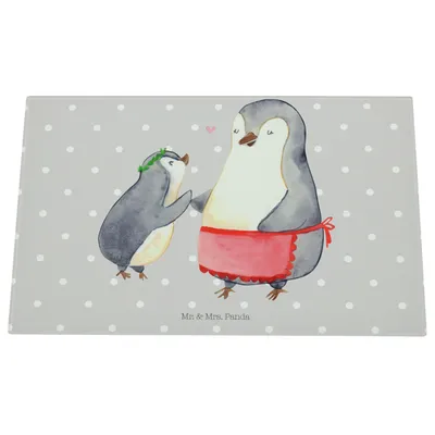 Produktbild von Mr. & Mrs. Panda Glas Schneideplatte Pinguin mit Kind - Grau Pastell - Geschenk, Schneidebrett Aus, Schneidbrett, Hackbrett, Küchenbrett, Mutter, Familie, Muttertag