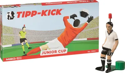 A box of Tipp Kick Junior Cup game with a figure of a soccer player in the foreground.