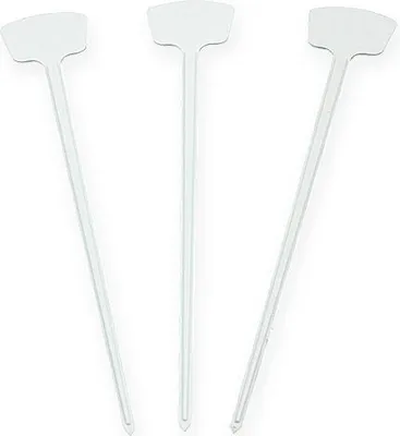 Three white plant labels on a white background.