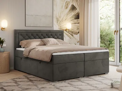 Produktbild von MKS MEBLE Boxspringbett 200x200 mit Bettkasten, Polsterbett 200x200 mit Matratze H4 Topper, Boxspringbett 200x200, Polsterbett 200x200, Bett 200x200 mit Kopfteil - Dunkelgrau Velvet - H4 - JASIR