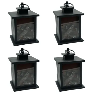 Immagine prodotto di Set di 4 elementi decorativi: lampada a LED a forma di camino, lanterna con effetto fiamma, camino decorativo, lanterna per camino, camino da tavolo, lampada a fiamma, lampada decorativa a forma di camino, lampada da tavolo