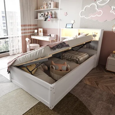 Zdjęcie produktu dla Łóżko rozkładane Merax 90x200 cm z oświetleniem muzycznym LED, łóżko hydrauliczne z USB i 4 schowkami, łóżko z litego drewna do pokoju gościnnego i młodzieżowego, białe