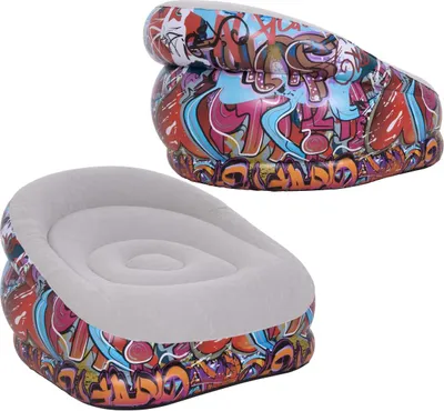 Two inflatable chairs with a graffiti-like pattern are shown against a white background.