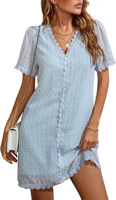 Image de ASKSA Femme Mousseline Robes Col V Robe d'été Swiss Dot Dentelle Mini-robe A-Line, Bleu Ciel, L
