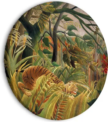 Produktbild von Runde Bilder 80x80 cm Henri Rousseau Leinwandbild 1 tlg Kunstdruck modern Wandbilder XXL Wanddekoration Design Wand Bild Tiger in A tropical Abstrakt l-G-10023-bc-a