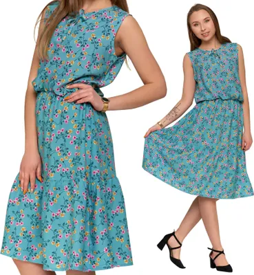 Produktbild von Damen Kleid Midikleid Boho ärmellos Freizeit Casual Blumen Strandkleid 2400-006 - Mint - XL