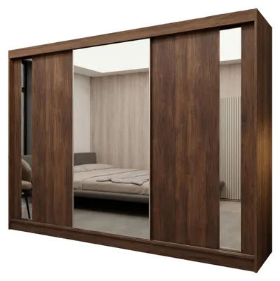 Productafbeelding van Kledingkast Gabo, 240 cm breed, met spiegel en 3 schuifdeuren. Schuifdeurkledingkast (kleur: Nuss Warmia)