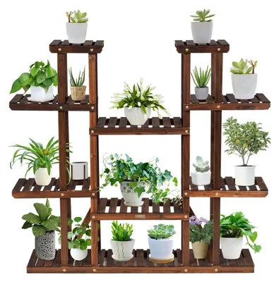Zdjęcie produktu dla Regał na rośliny – drewniany regał na kwiaty – 9 półek – konstrukcja schodkowa – 125 x 25 x 114 cm – brązowy