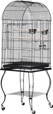 Image de Cage à oiseaux - Avec roulettes - Acier inoxydable - Bac inférieur amovible - 2 gamelles - Taille S