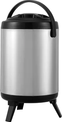 A silver and black insulated beverage dispenser with a black handle and black legs, shown against a white background.