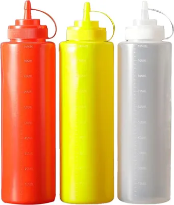 Produktbild von Squeeze Flasche, 3 Stück 1000ml 32 oz Quetschflasche, Quetschflasche mit Kappen, Kein Leck Condiment Flaschen Spritzflasche für Saucen, Ketchup und Salatdressing(Rot, Gelb, Weiß)