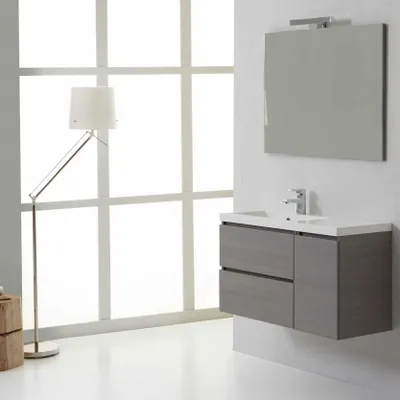 Produktbild von Bad-Möbel Set, 90x 39 Cm, mit Waschtisch und Auszügen links, Holzoptik Grau | Manhattan
