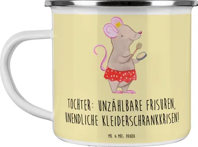 Produktbild von Mr. & Mrs. Panda Teetasse Tochter Mode - Gelb Pastell - Geschenk, Freude, Einfallsreichtum, Verwandte, Familienleben, Emaille Tasse, Haferl, Becher, Emailletasse, Familie
