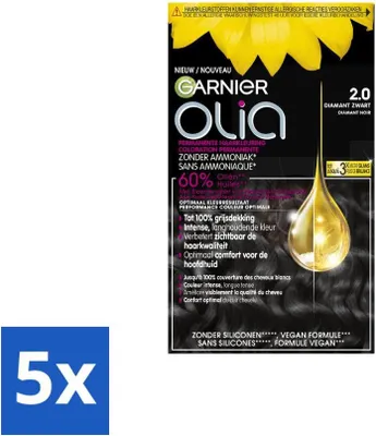 Productafbeelding van Garnier – Olia 2 – Haarkleuring – Diamantschwarz – Zonder ammonia – 60% olie – Permanente kleur – Voordeelverpakking – 5 stuks