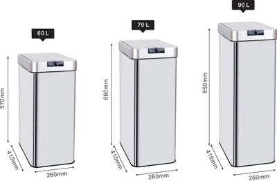 Three stainless steel trash cans of different sizes are displayed side-by-side with dimensions indicated.