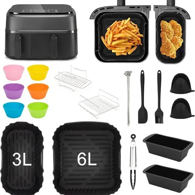 Produktbild von Zubehör für Heißluftfritteusen mit Doppelkorb, Heißluftfritteusen-Set der Serie 3000, 11-teilig, perfekt für hausgemachtes Backen