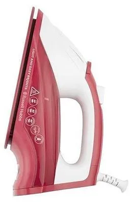 A side view of a red and white Russell Hobbs iron.