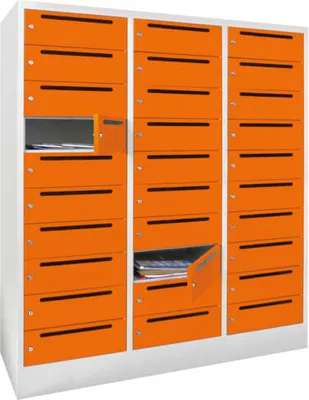 Produktbild von Postverteilerschrank, Schließfachschrank, 3 Abteile a 40 cm, 30 Fächer, 1.850 x 1.200 x 500 mm (HxBxT), Korpus lichtgrau, Front enzianblau