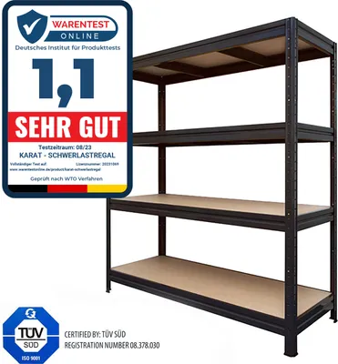 A black metal shelving unit with wooden shelves, shown in front of a white background, with a prominent German product testing seal on the left.