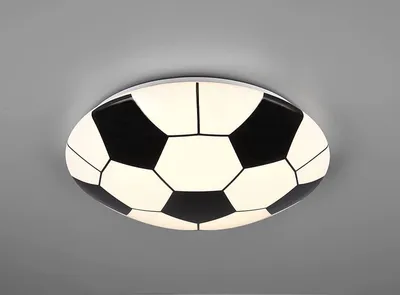 A ceiling light fixture shaped like a soccer ball, mounted on a gray ceiling.