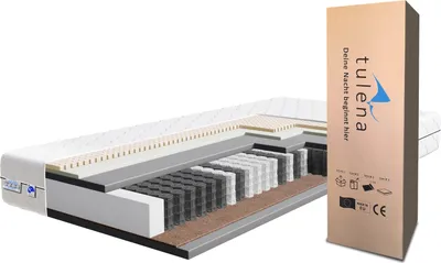 A cross-section of a mattress showing its internal layers, with its packaging box to the right.