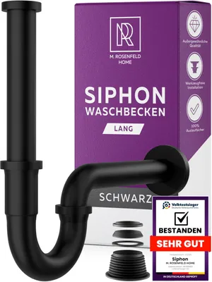 Obrázok produktu pre M. ROSENFELD, sifón pre umývadlo, čierna matná farba, 1 1/4", nastaviteľná výška (85–110 mm), nerezová oceľ, ochrana proti zápachu, odtokové potrubie vrátane tesnení a krycej dosky