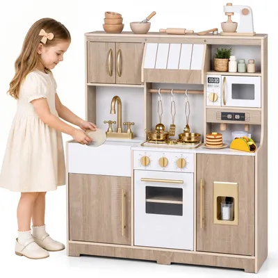 Productafbeelding van COSTWAY Kinderkooktoestel, speelkeuken met opbergruimte, inclusief fornuis, ijsmachine, magnetron, spoelbak, koffiezetapparaat, oven, licht en geluid. Houten keuken voor kinderen vanaf 3 jaar