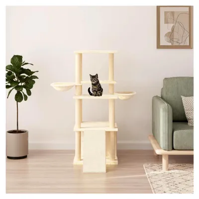 Produktbild von Kratzbaum mit Sisal-Kratzsäulen in Creme, 133 cm, Katzenmöbel, Kratztonne für Katzen, Aktivitätskratzbäume, Katzenzubehör