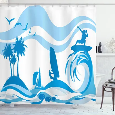 Image de ABAKUHAUS Rideau de douche, surfeur sur les vagues, sports nautiques, détente, palmiers, lac, voilier, été, vacances, 175 x 200 cm, bleu clair