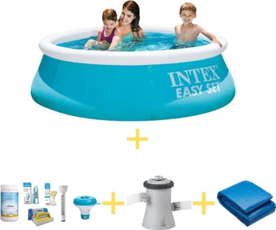 An Intex Easy Set Pool with accessories laid out below.