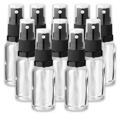 Produktbild von 10x Klare Glasflasche 20 ml mit schwarzem Zerstäuber Sprühkopf Spray