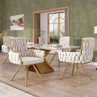 Produktbild von Samt-Esszimmerstuhl 4er Set Drehsessel Armlehnen 360 Grad Metallbeine Beige