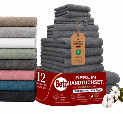 Produktbild von Betz Berlin Handtuch-Set 12-teilig – 100% Baumwolle – ® – Duschtücher, Handtücher, Gästetücher & Waschhandschuhe Farbe dunkelgrau