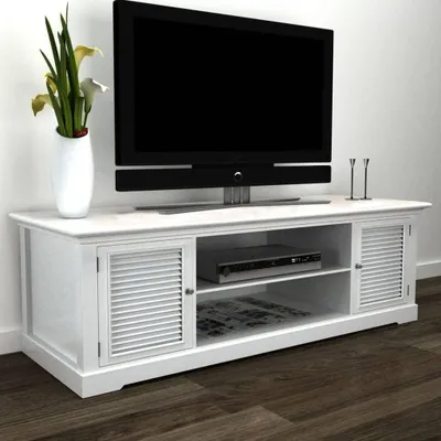 Image de Meuble TV en bois blanc avec des compartiments ouverts, dimensions 121 x 30,5 x 41,6 cm. Meuble de rangement moderne pour appareils multimédia