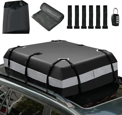 Produktbild von Dachbox für Auto, wasserdichter Dachkoffer mit Zahlenschloss & 6 Türhaken & Anti-Rutsch-Matte & Tragetasche, Faltbare Gepäckbox für alle Fahrzeuge mit/ohne Gepäckträger (Grau)