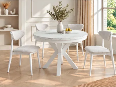 Produktbild von Runder Ausziehbarer Esstisch im Loft-Stil - Industrieller Tisch in Weißer Marmoroptik mit Weißen Metallbeinen - Platzsparender Tisch für Wohnzimmer - Marmor Weiß - 120 bis 200 cm