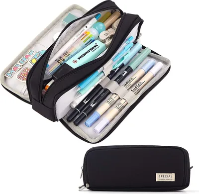 Produktbild von Federmäppchen Federtaschen Teenager Mädchen Mäppchen Etui Stifte 3 Fach, Große Kapazität Pencil Case für Schule & Büro, schwarz