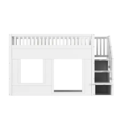 Produktbild von Flieks Etagenbett 90x200cm mit Rausfallschutz und Lattenrost, Kinderbett Hausbett mit Stauraumtreppe, Hochbett Stockbett, Weiß