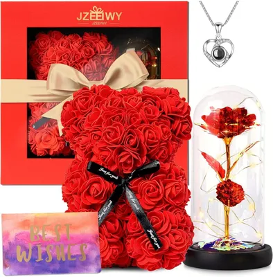 Ewige Rose im Glas mit LED-Licht – Geschenkset mit Teddybär & Karte