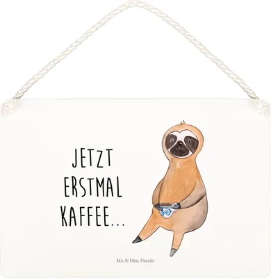 Produktbild von Mr. & Mrs. Panda Schild Faultier Kaffee DIN A4 - Weiß - Geschenk, kleine aufmerksamkeit, Coffee, Frühaufsteher, Holzschild, Türschild, Deko Wandbild, Kaffeetasse