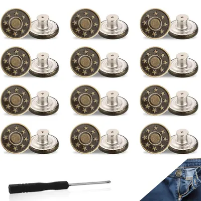 Imagen del producto de Botones para vaqueros – 12 unidades – 17 mm – Botones de rosca para vaqueros – Botones para pantalones sin necesidad de coser – Botones de repuesto – con destornillador y base metálica – color bronce