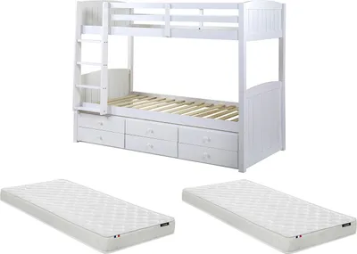 Produktbild von Etagenbett Stapelbett Massivholz + Lattenrost + Matratzen - 2 x 90 x 190 cm - Kiefer weiß - ANCHISE II