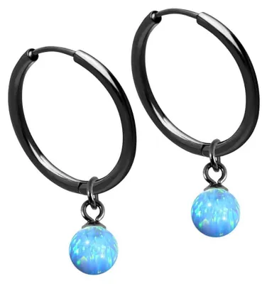 Produktbild von Chirurgenstahl Ohrclicker Creolen SYNTHETISCHER OPAL Farbe: Schwarz + Opal: Hellblau Innendurchmesser: 14 mm